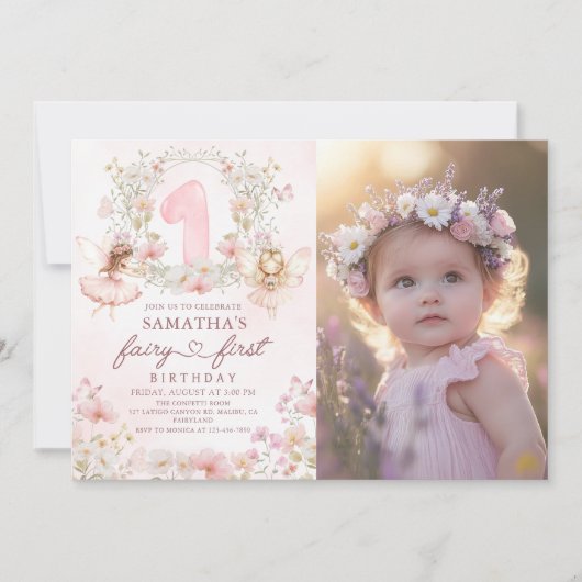 Pink Floral Garden Fairy First Birthday Photo Kaart (Voorkant)