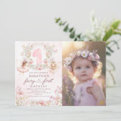 Pink Floral Garden Fairy First Birthday Photo Kaart (Staand voorkant)