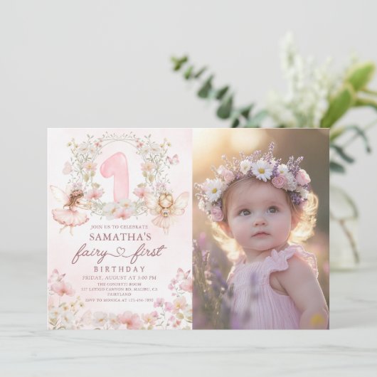 Pink Floral Garden Fairy First Birthday Photo Kaart (Staand voorkant)