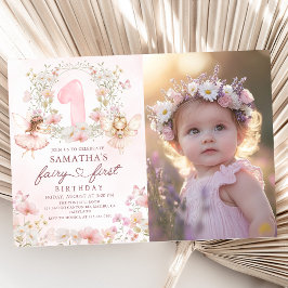 Pink Floral Garden Fairy First Birthday Photo Kaart