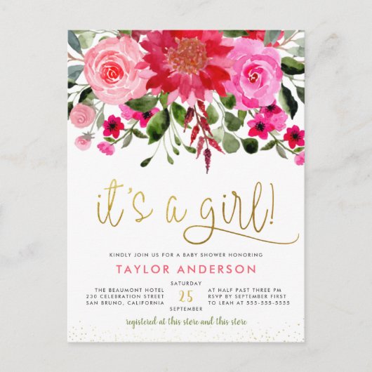 Pink Floral Garden Greenery is een meisje Baby sho Uitnodiging Briefkaart (Voorkant)