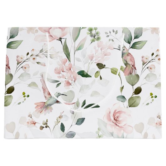 Pink Floral Garden Hummingbird Large Gift Bag Groot Cadeauzakje (Voorkant)