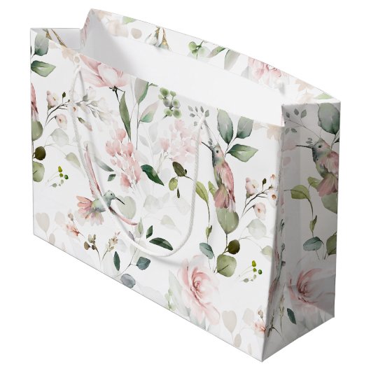 Pink Floral Garden Hummingbird Large Gift Bag Groot Cadeauzakje (Achterkant Gekanteld)