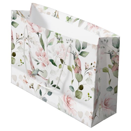 Pink Floral Garden Hummingbird Large Gift Bag Groot Cadeauzakje (Voorkant Gekanteld)