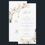 Pink Floral Garden Wedding Menu<br><div class="desc">Deze roze en witte florale trouwkaart is perfect voor een  tuin of roze bruiloft. Dit ontwerp meet 4 x 9 inch en is perfect voor de dag van de huwelijksceremonie voor de tafel. Winkelen in het collectie: https://www.zazzle.com/collections/pink_white_floral_garden-119280459694842779?rf=238296117664346256</div>