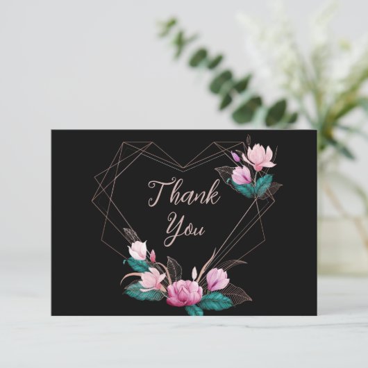 Pink Floral Geometric Lijst Black van bruiloft Bedankkaart (Staand voorkant)