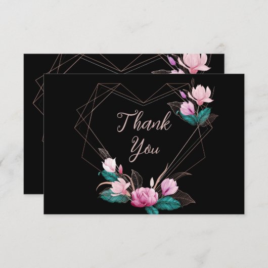 Pink Floral Geometric Lijst Black van bruiloft Bedankkaart (Voorkant / Achterkant)