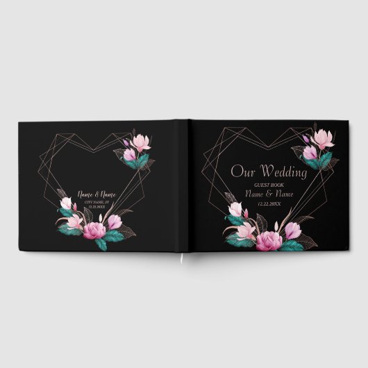 Pink Floral Geometric Lijst Black van bruiloft Gastenboek (Volledig)