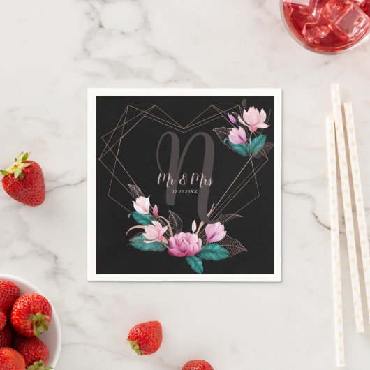 Pink Floral Geometric Lijst Black van bruiloft Servet (Insitu)