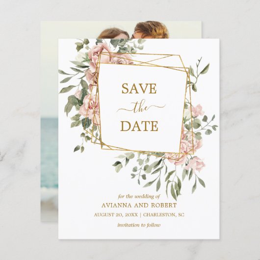 Pink Floral Geometric Photo Save the Date (Voorkant / Achterkant)