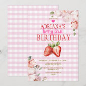 Pink Floral Gingham Berry eerste verjaardag Kaart (Voorkant / Achterkant)
