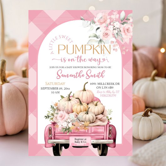 Pink Floral Gingham Pumpkin Truck Baby shower Kaart