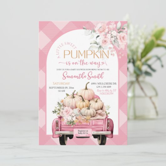 Pink Floral Gingham Pumpkin Truck Baby shower Kaart (Staand voorkant)