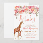 Pink Floral Giraffe Baby shower Uitnodiging (Voorkant / Achterkant)