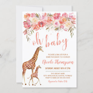 Pink Floral Giraffe Baby shower Uitnodiging