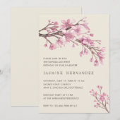 Pink Floral Girl Baptism First Birthday Kaart (Voorkant / Achterkant)