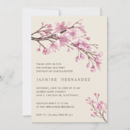 Pink Floral Girl Baptism First Birthday Kaart