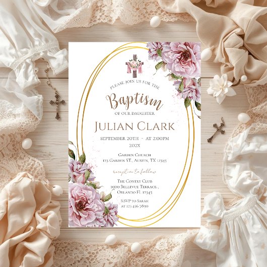 Pink Floral Girl Baptism Invitation Kaart