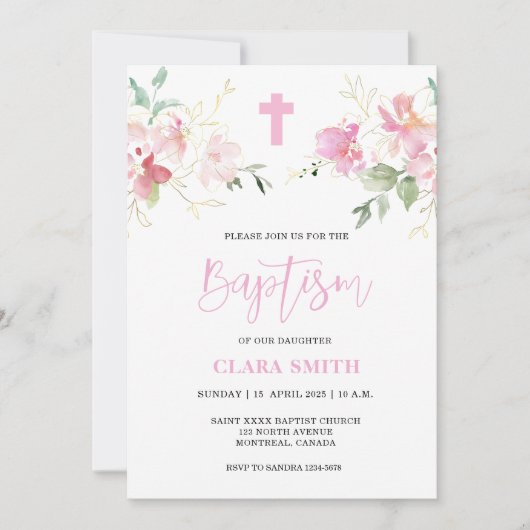 Pink Floral Girl Baptism-uitnodiging Kaart (Voorkant)