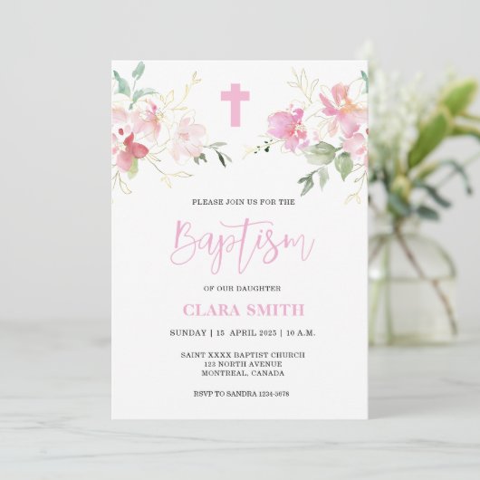 Pink Floral Girl Baptism-uitnodiging Kaart (Staand voorkant)