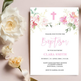 Pink Floral Girl Baptism-uitnodiging Kaart
