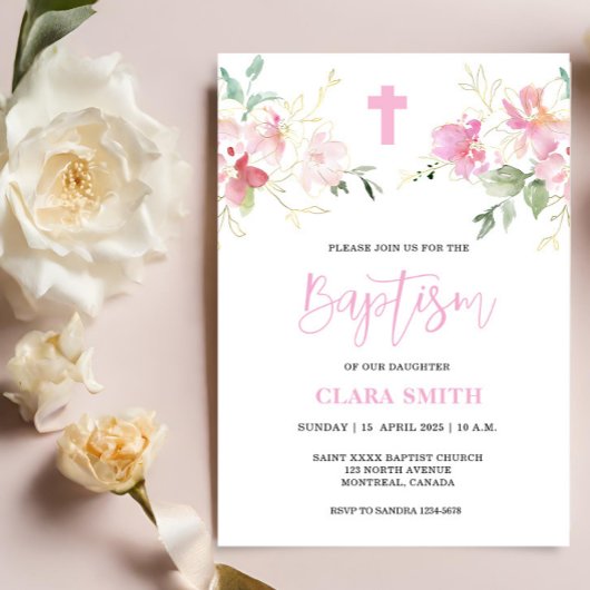 Pink Floral Girl Baptism-uitnodiging Kaart