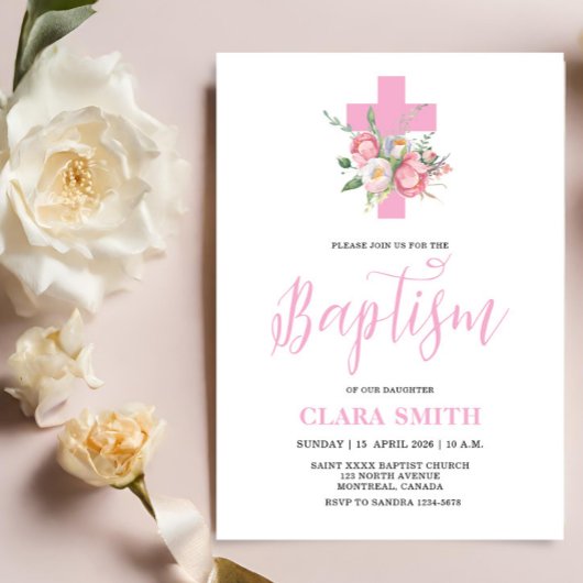 Pink Floral Girl Baptism-uitnodiging Kaart