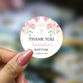 Pink Floral Girl Baptisme Ronde Sticker
