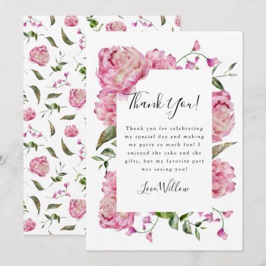 Pink Floral Girl Birthday Party Bedankkaart (Voorkant / Achterkant)