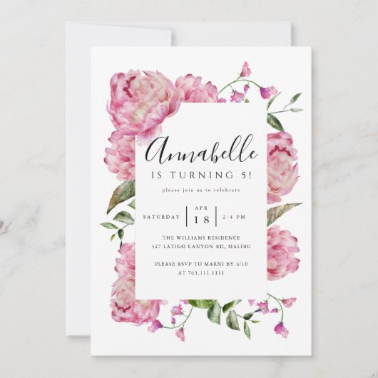 Pink Floral Girl Birthday Party Kaart (Voorkant)
