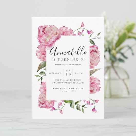 Pink Floral Girl Birthday Party Kaart (Staand voorkant)