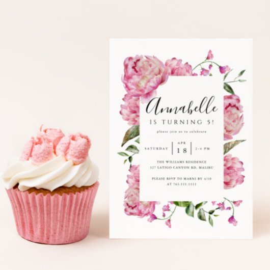 Pink Floral Girl Birthday Party Kaart