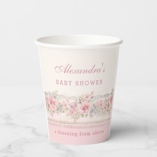 Pink Floral Girl Christian Baby Shower Papieren Bekers (Achterkant)