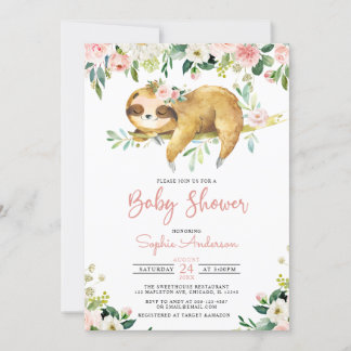 Pink Floral Girl Cute Sloth Baby shower Uitnodigin Kaart