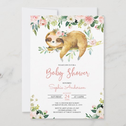 Pink Floral Girl Cute Sloth Baby shower Uitnodigin Kaart (Voorkant)
