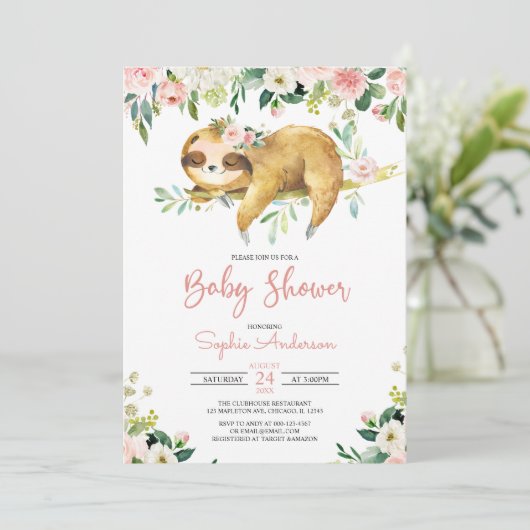 Pink Floral Girl Cute Sloth Baby shower Uitnodigin Kaart (Staand voorkant)