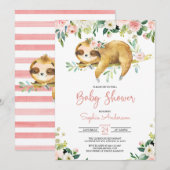 Pink Floral Girl Cute Sloth Baby shower Uitnodigin Kaart (Voorkant / Achterkant)