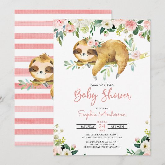 Pink Floral Girl Cute Sloth Baby shower Uitnodigin Kaart (Voorkant / Achterkant)