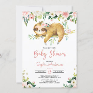 Pink Floral Girl Cute Sloth Baby shower Uitnodigin Kaart
