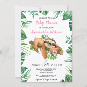 Pink Floral Girl Cute Sloth Baby shower Uitnodigin Kaart