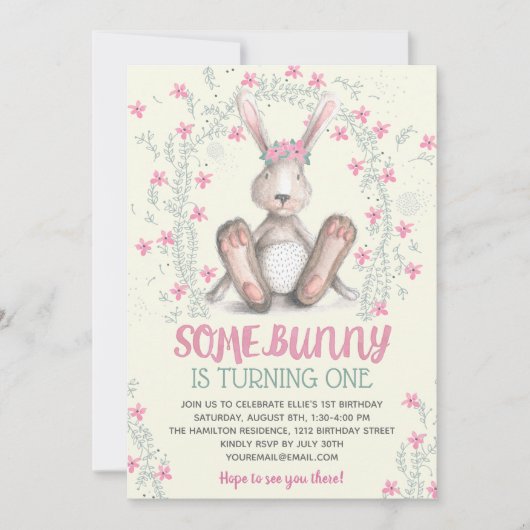 Pink Floral Girls Bunny Birthday Party Kaart (Voorkant)