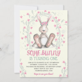Pink Floral Girls Bunny Birthday Party Kaart