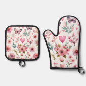 Pink Floral Girly Ovenwant & Pannenlap Set (Voorkant)