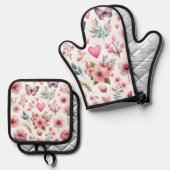 Pink Floral Girly Ovenwant & Pannenlap Set (Voorkant / Achterkant)