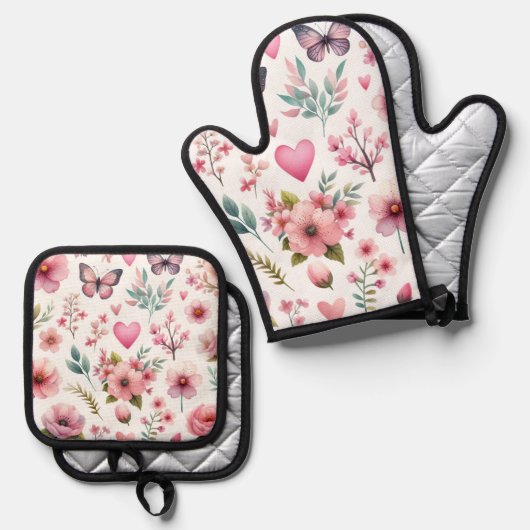 Pink Floral Girly Ovenwant & Pannenlap Set (Voorkant / Achterkant)