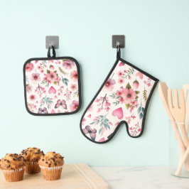 Pink Floral Girly Ovenwant & Pannenlap Set