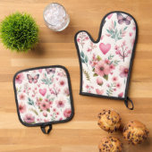 Pink Floral Girly Ovenwant & Pannenlap Set (Top down)