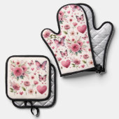 Pink Floral Girly Ovenwant & Pannenlap Set (Voorkant / Achterkant)