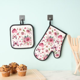 Pink Floral Girly Ovenwant & Pannenlap Set