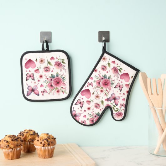 Pink Floral Girly Ovenwant & Pannenlap Set (Insitu(Ophanging))